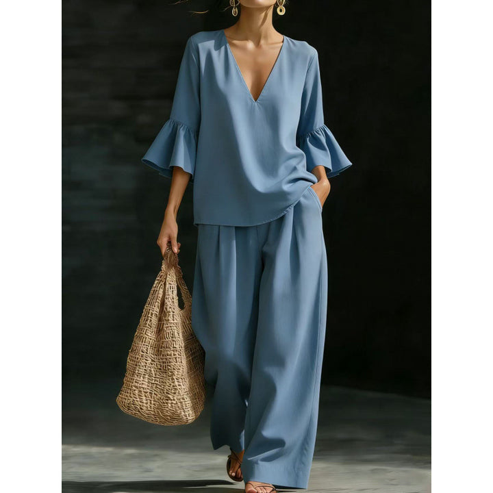 Women's Two-Piece V-Neck Tunic Set with Ruffle Sleeves and Wide High-Waisted Palazzo Pants Mune Fashion