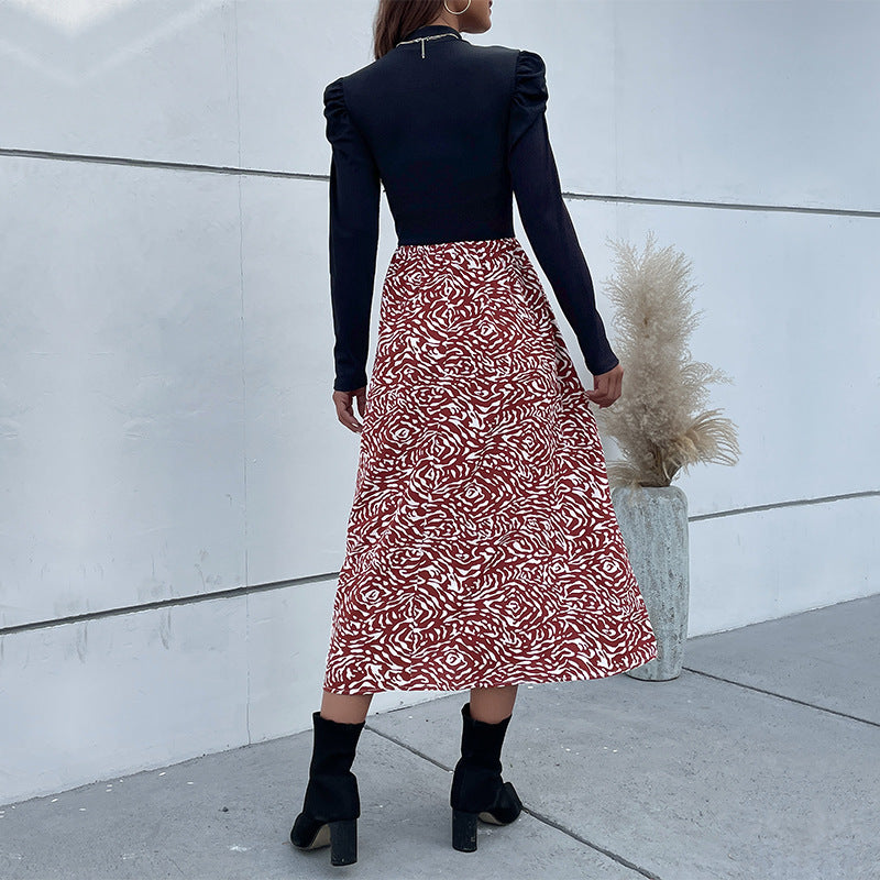 Women's A-Line Midi Skirt with High Waist, Flowing Silhouette and Abstract Print Mune Fashion