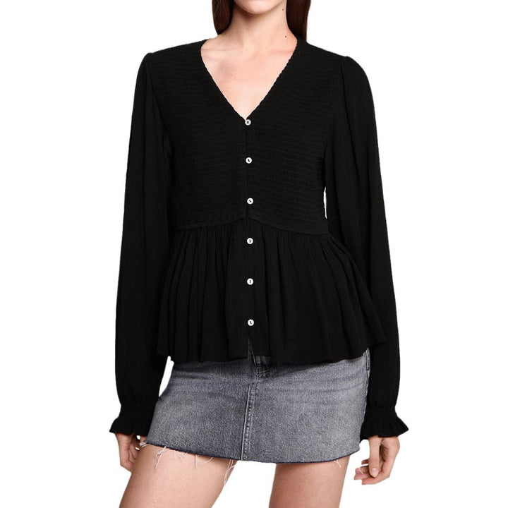 Women's peplum blouse made of textured viscose fabric with V-neckline and button placket Mune Fashion