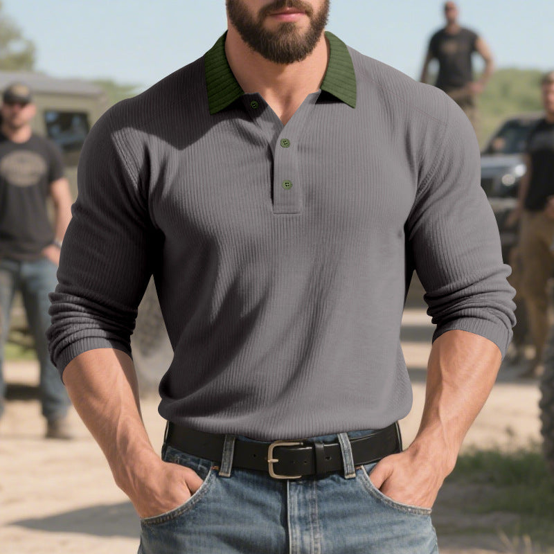 Men's ribbed long-sleeve polo with Kent collar and concealed button placket Mune Fashion