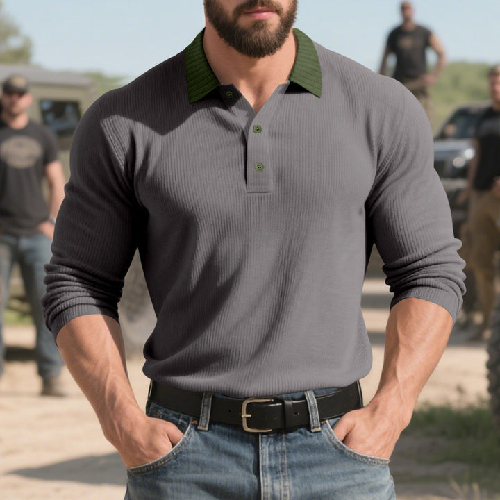 Men's ribbed long-sleeve polo with Kent collar and concealed button placket Mune Fashion