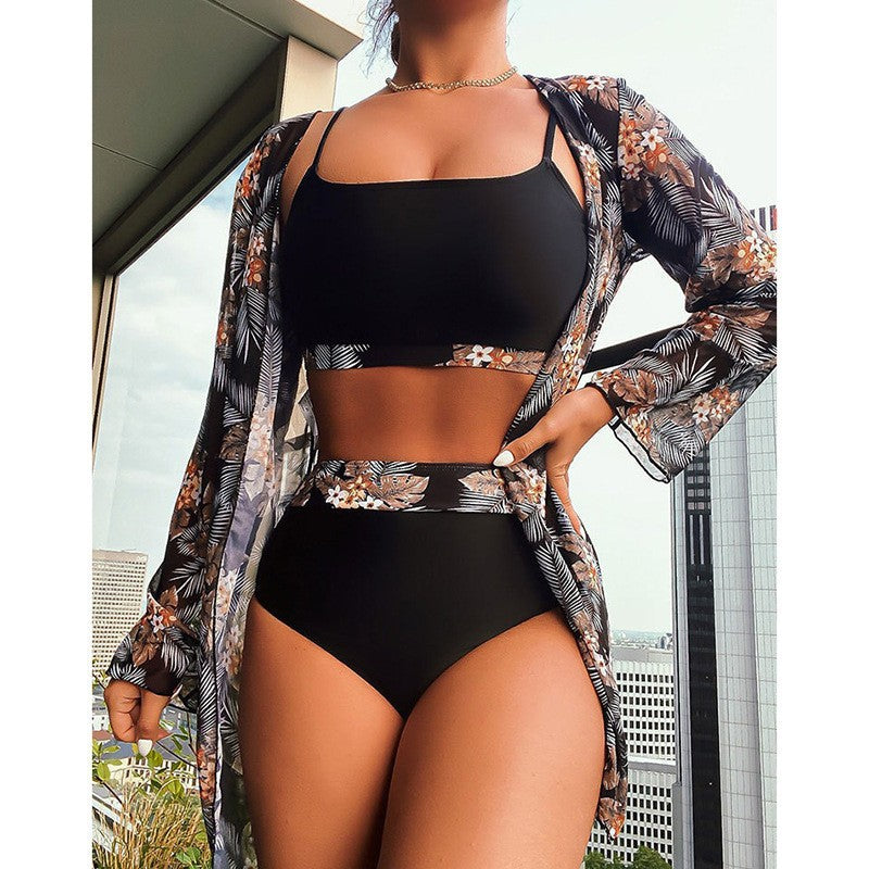 Women's bikini set with floral kimono and high-waisted bottom Mune Fashion