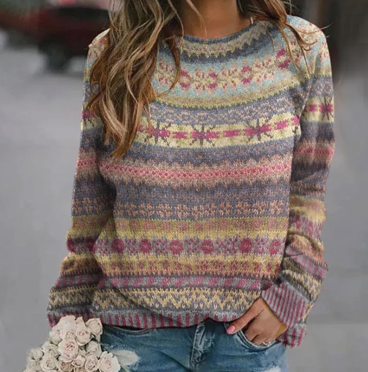 Women's patterned knit sweater with round neck, Fair Isle pattern, and casual oversized fit Mune Fashion