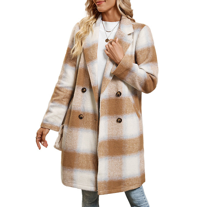 Women's Checked Wool Coat with Double Button Placket Mune Fashion