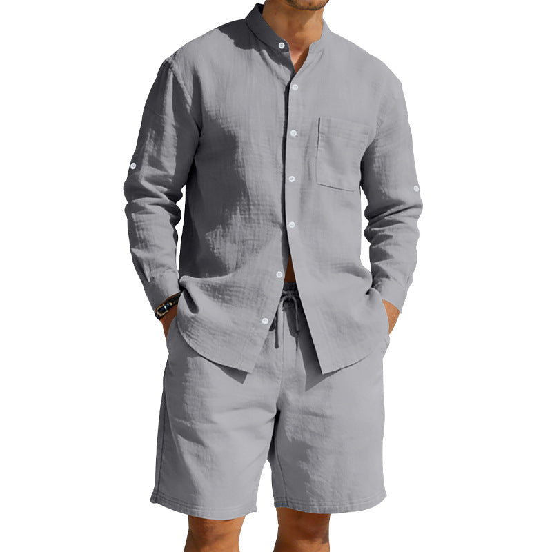 Men's casual linen set with stand collar shirt and drawstring shorts Mune Fashion