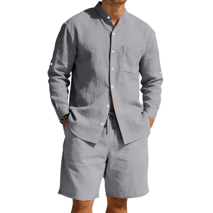 Men's casual linen set with stand collar shirt and drawstring shorts Mune Fashion