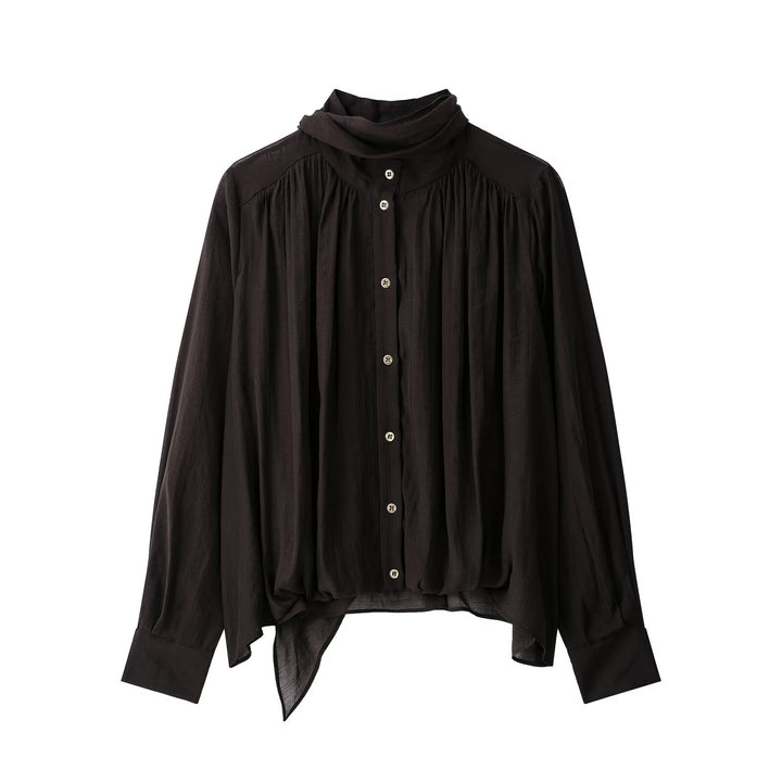 Women's Soft Chiffon Blouse with Stand Collar, Button Placket and Asymmetrical Hem Mune Fashion