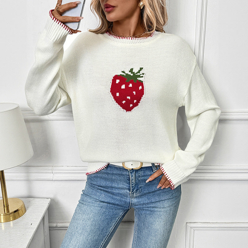 Women Playful Sweater with Strawberry Motif Mune Fashion