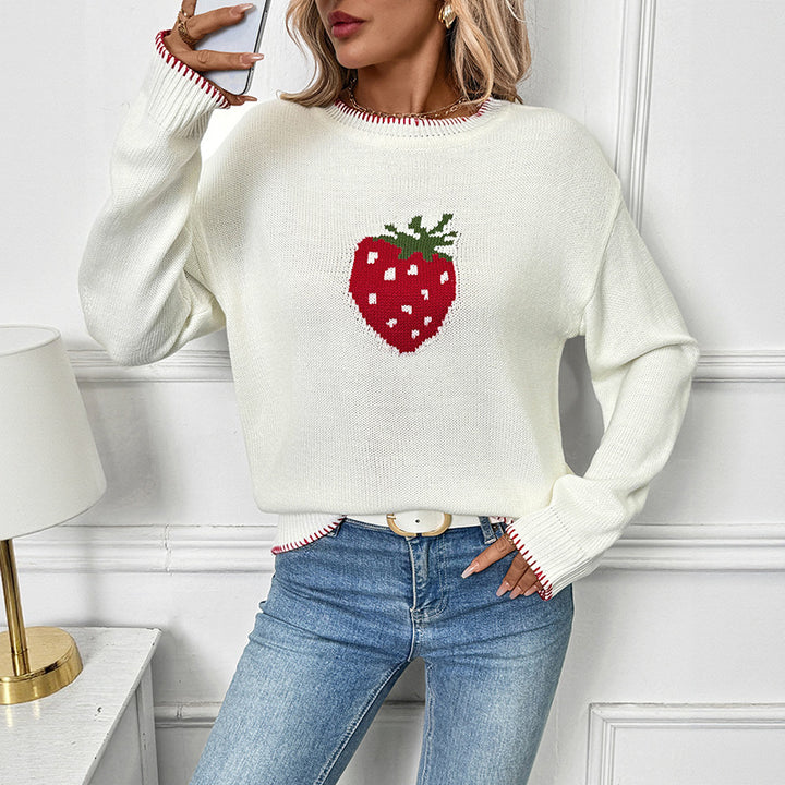 Women Playful Sweater with Strawberry Motif Mune Fashion