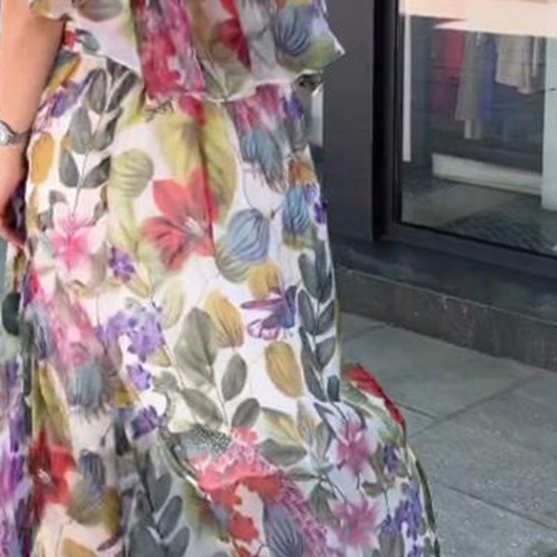 Women’s airy chiffon maxi dress with floral print, gathered round neckline and elastic waistband Mune Fashion