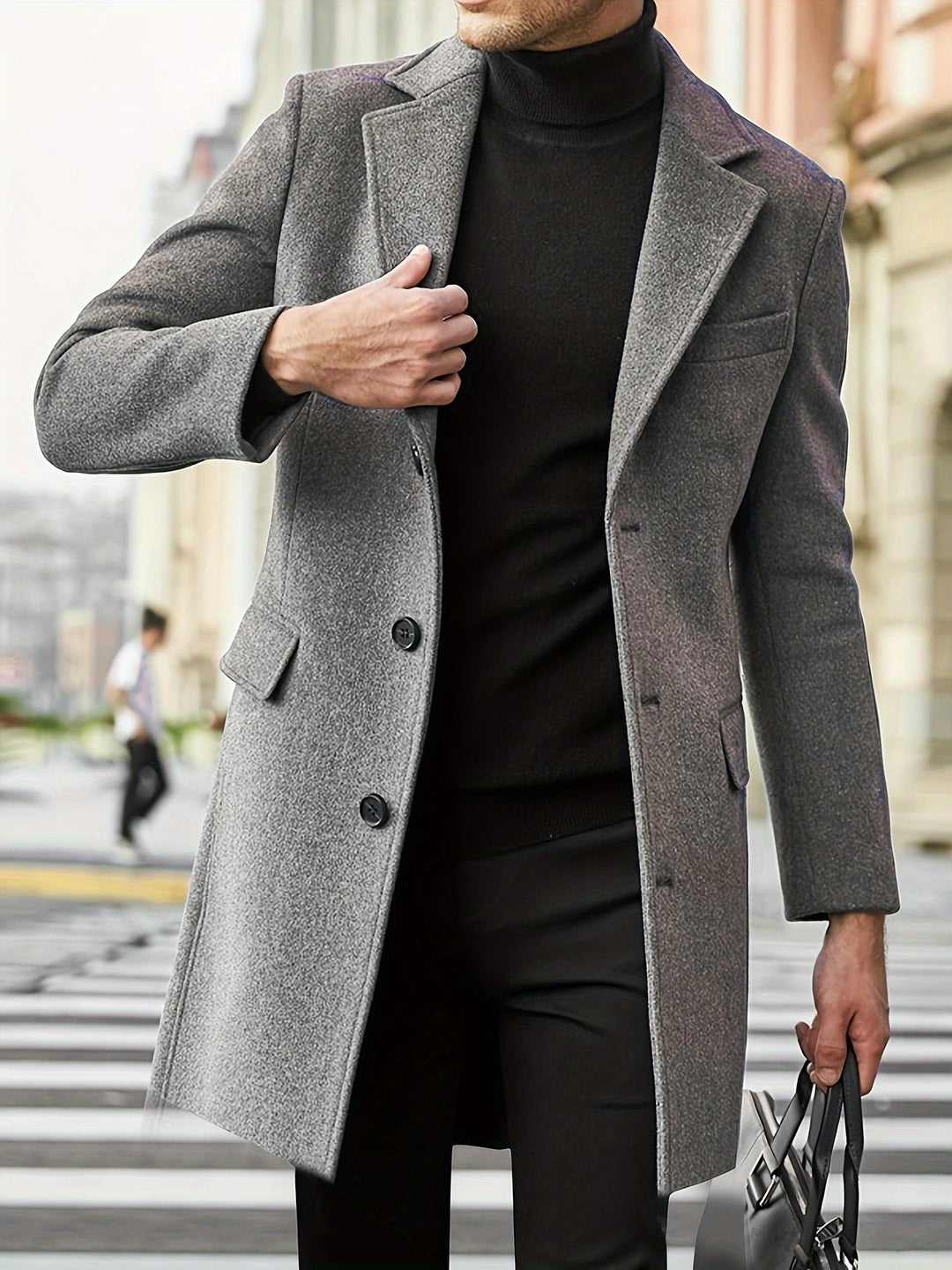 Men's Modern Long Coat made of Wool Blend with Narrow Lapels, Flap Pockets and Slim Fit Mune Fashion