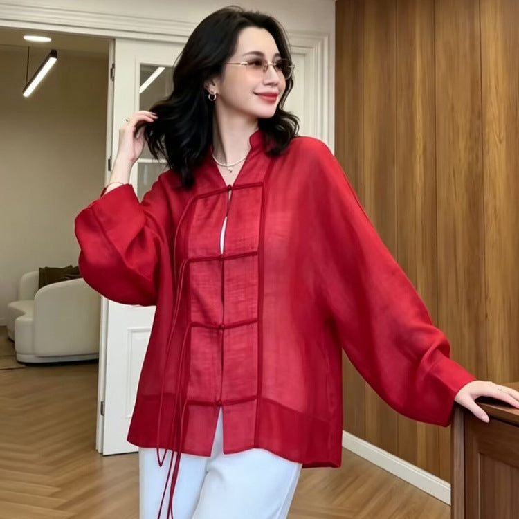 Women's Linen Kimono Jacket with Wide Sleeves, Decorative Knot Grid & Adjustable Belt Mune Fashion