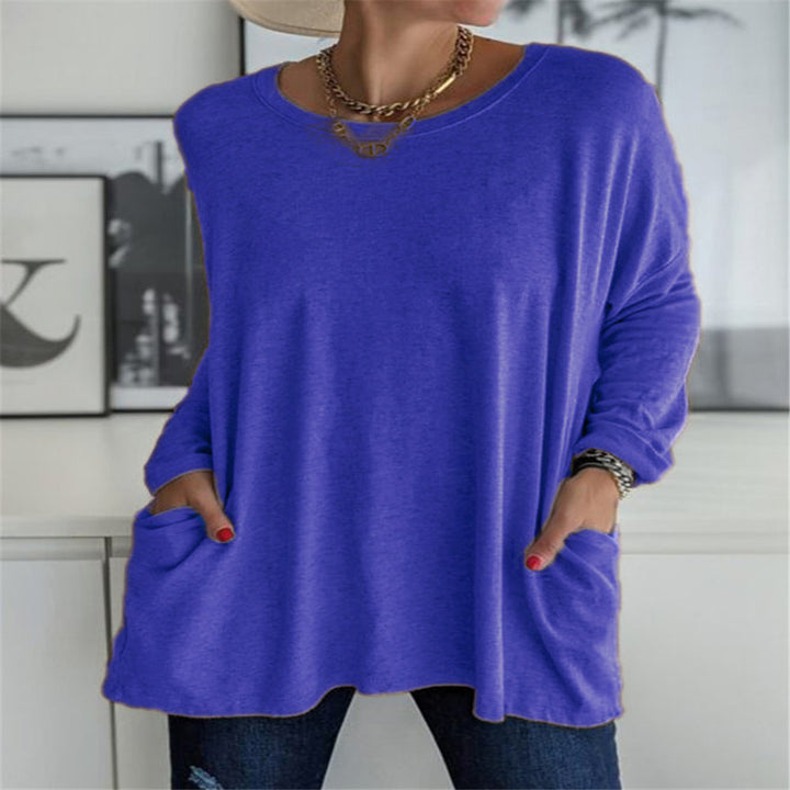 Women's oversized long sleeve tunic with round neckline, drop shoulder and patch pockets Mune Fashion