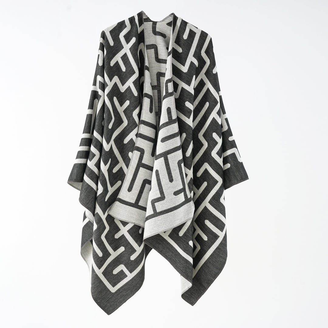 Women's Reversible Jacquard Cape Poncho in Oversize with Graphic Allover Pattern Mune Fashion