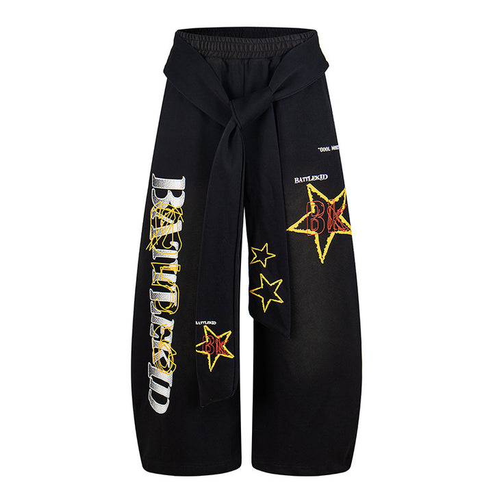 Ladies Wide Palazzo Culotte Pants with Integrated Tie Belt and Star Graphic Mune Fashion