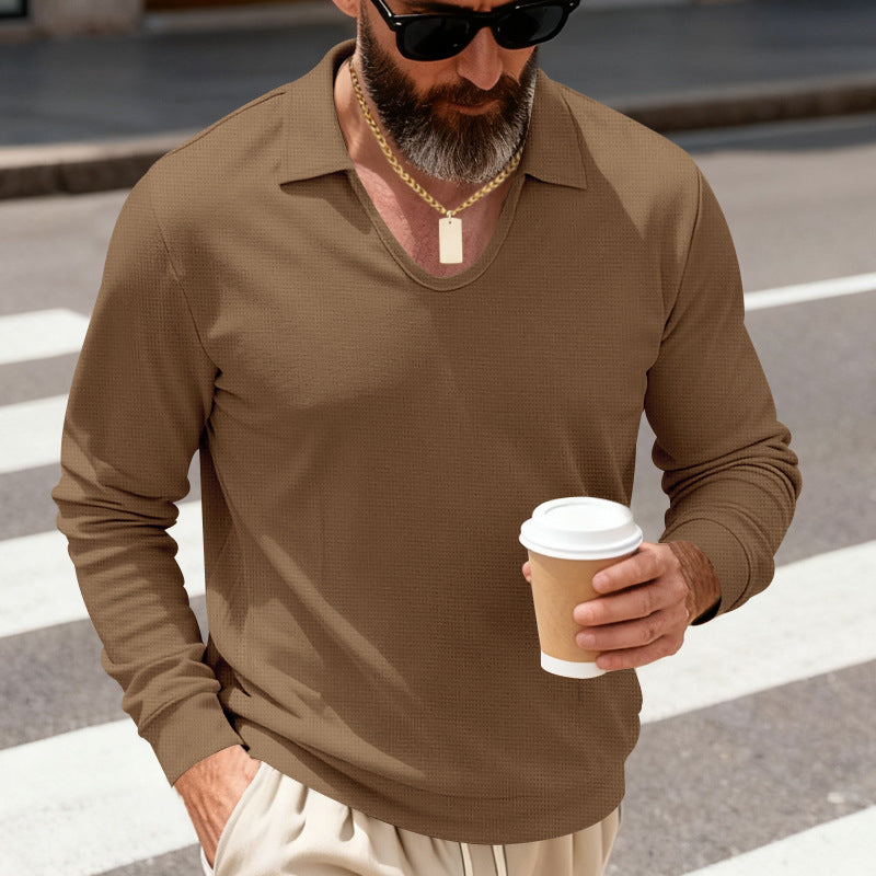 Men's patterned long sleeve polo with V-neck and open kent collar Mune Fashion