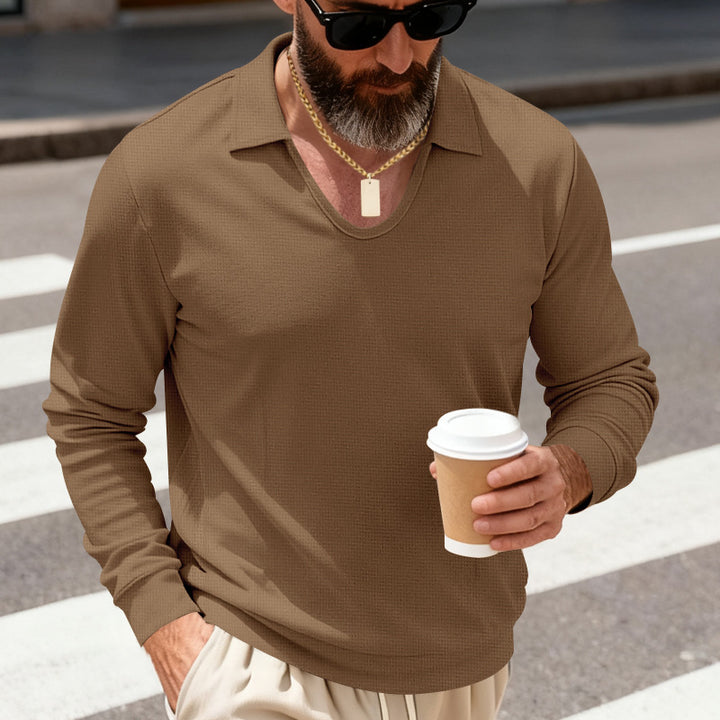 Men's patterned long sleeve polo with V-neck and open kent collar Mune Fashion