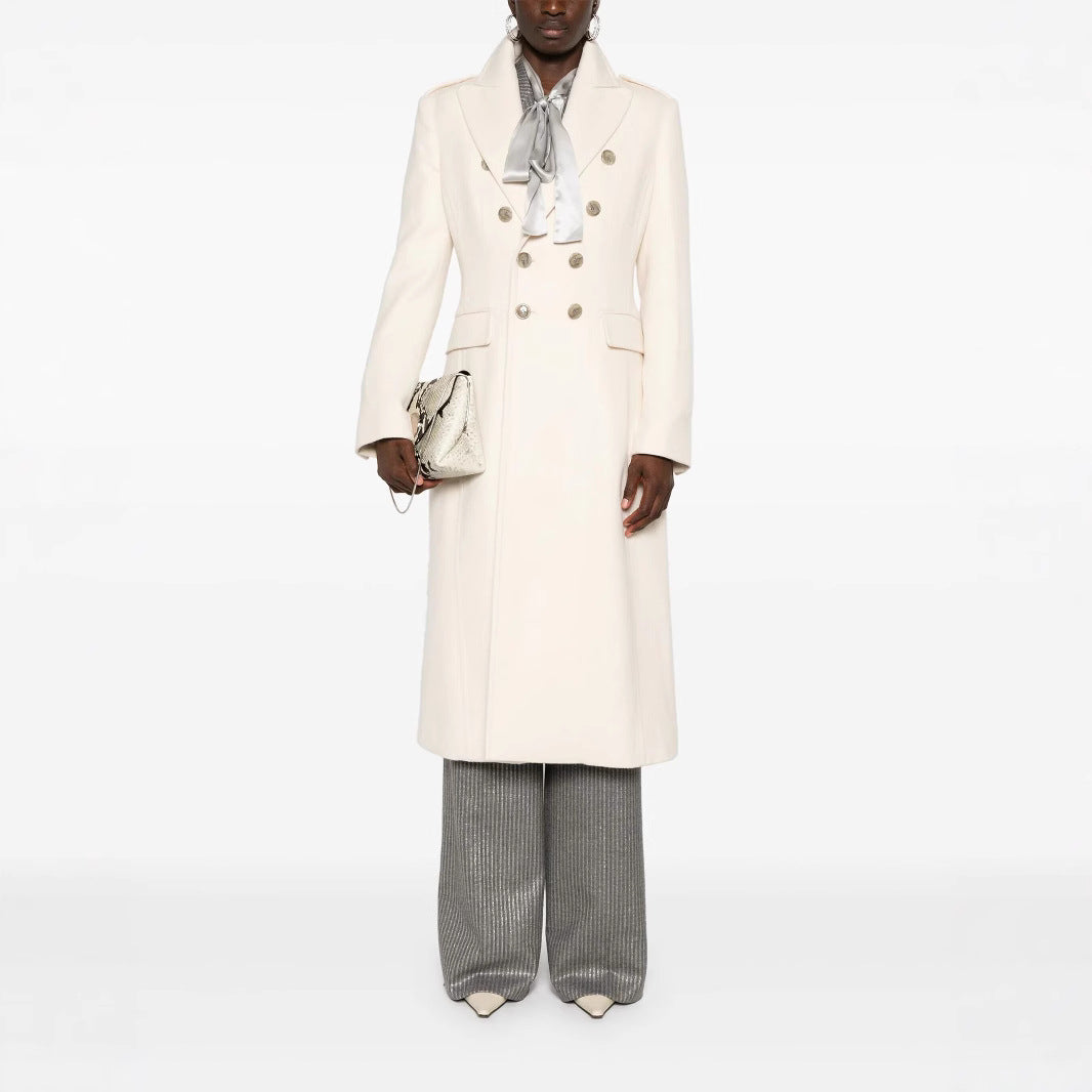 Women Long Double-Breasted Coat made of Wool Blend with High Stand-up Collar and Flap Pockets Mune Fashion