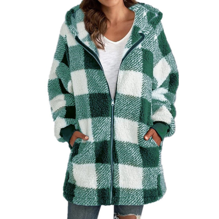 Women's Checked Teddy Fleece Coat with Hood and Zipper Mune Fashion