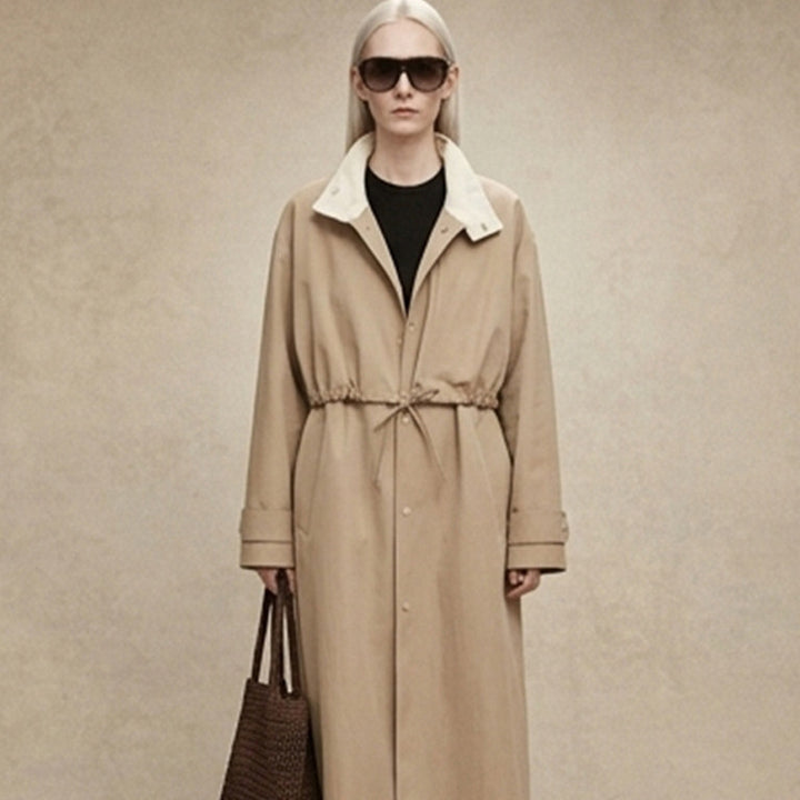 Women Tailored Coat in Trenchcoat Style with Drawstring Waist and Contrast Collar Mune Fashion