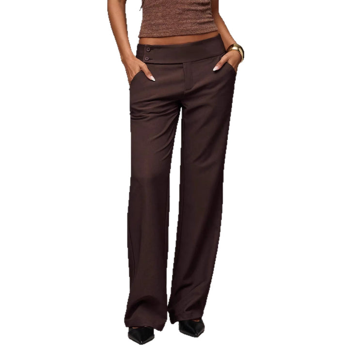 Women high-waisted straight-cut fabric trousers with wide leg and decorative button placket Mune Fashion