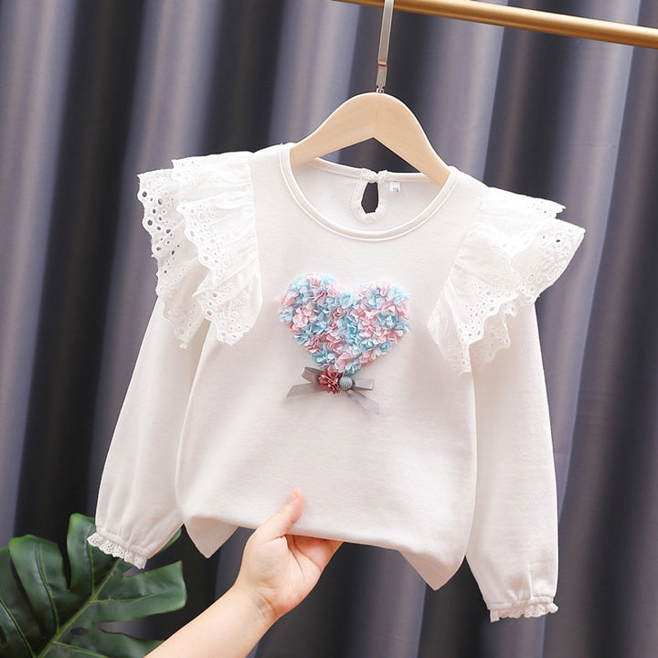 Girls Round Neck Sweatshirt with Ruffle Details and Heart Application Mune Fashion