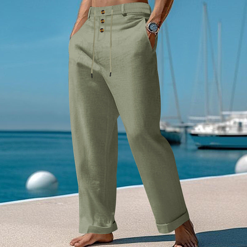 Men's wide summer pants made of linen-cotton blend with triple-button placket, drawstring waistband, and cuffed hem Mune Fashion