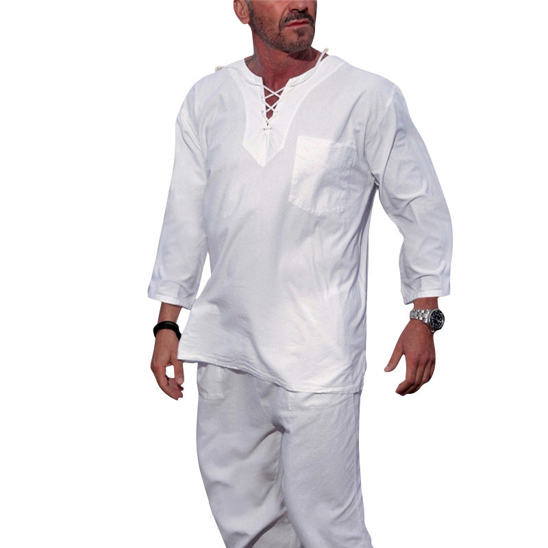 Men's Lightweight Cotton-Linen Leisure Set with Lace Collar and 3/4 Sleeves Mune Fashion