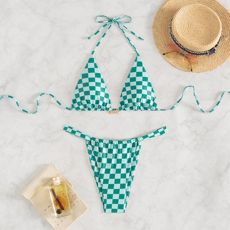 Women Triangle Bikini with modern checkered design and adjustable straps Mune Fashion