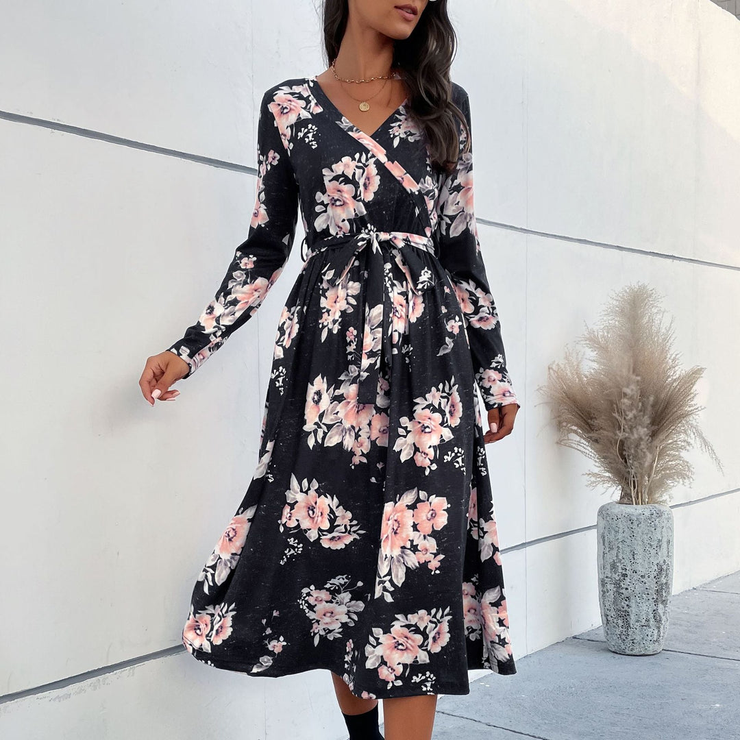 Women Floral Wrap Midi Dress with V-Neck, Waist Belt and Flared Skirt Mune Fashion