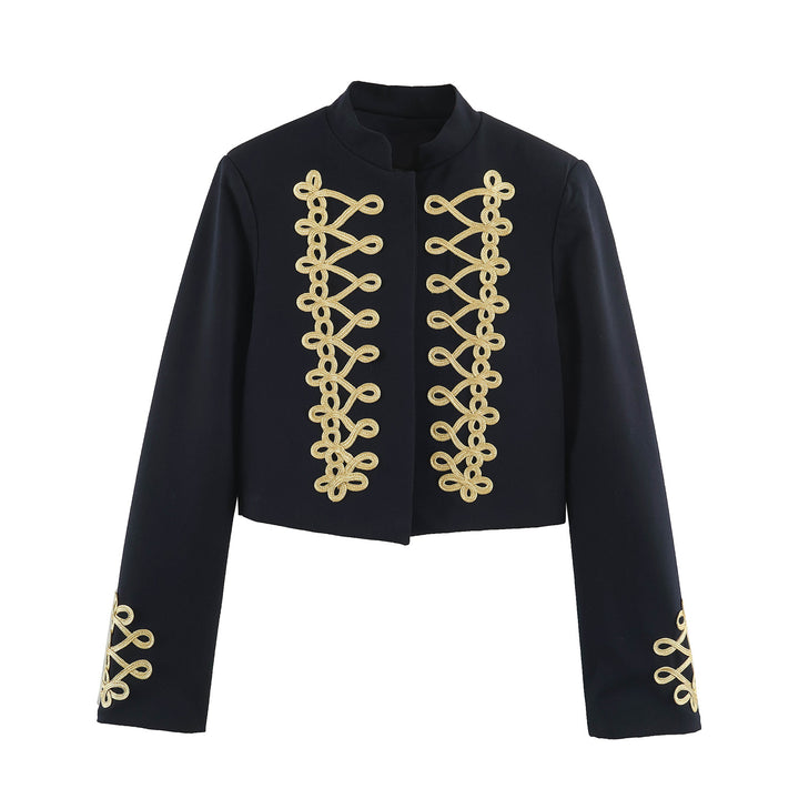 Women's Cropped Bolero Jacket with High Stand-Up Collar and Decorative Galloon Trim Mune Fashion