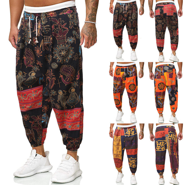 Men's Loose Fit Patchwork Lounge Pants with Drawstring, Elastic Ankles and Decorative Allover Print Mune Fashion