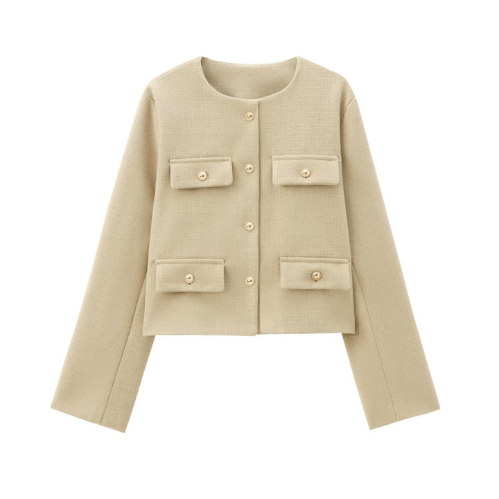 Women's short-cut Bouclé tweed jacket with round neckline decorative button details and attached flap pockets Mune Fashion