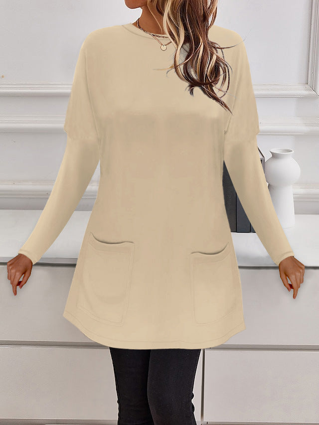 Women's Longline Fine Knit Tunic with Round Neckline and Patch Pockets Mune Fashion