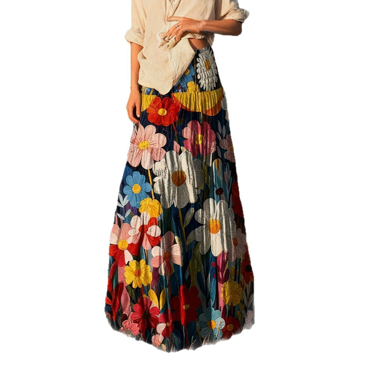 Women's maxi skirt with large floral embroidery, pleated ruffle and wide A-line cut Mune Fashion