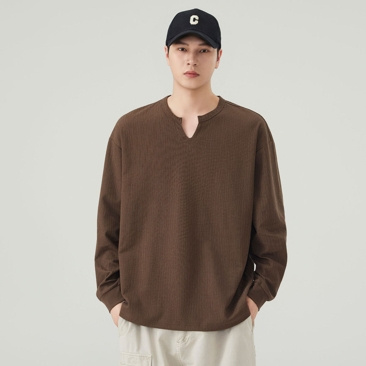 Men's Loose Long Sleeve Shirt with V-Notch Collar and Textured Cotton Blend Mune Fashion