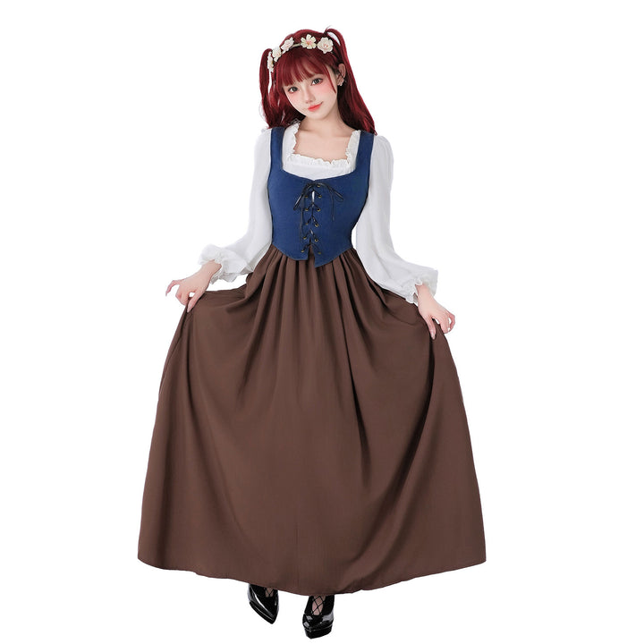 Women's medieval dirndl dress with laced bodice, wide ruffled sleeves, and floor-length skirt Mune Fashion