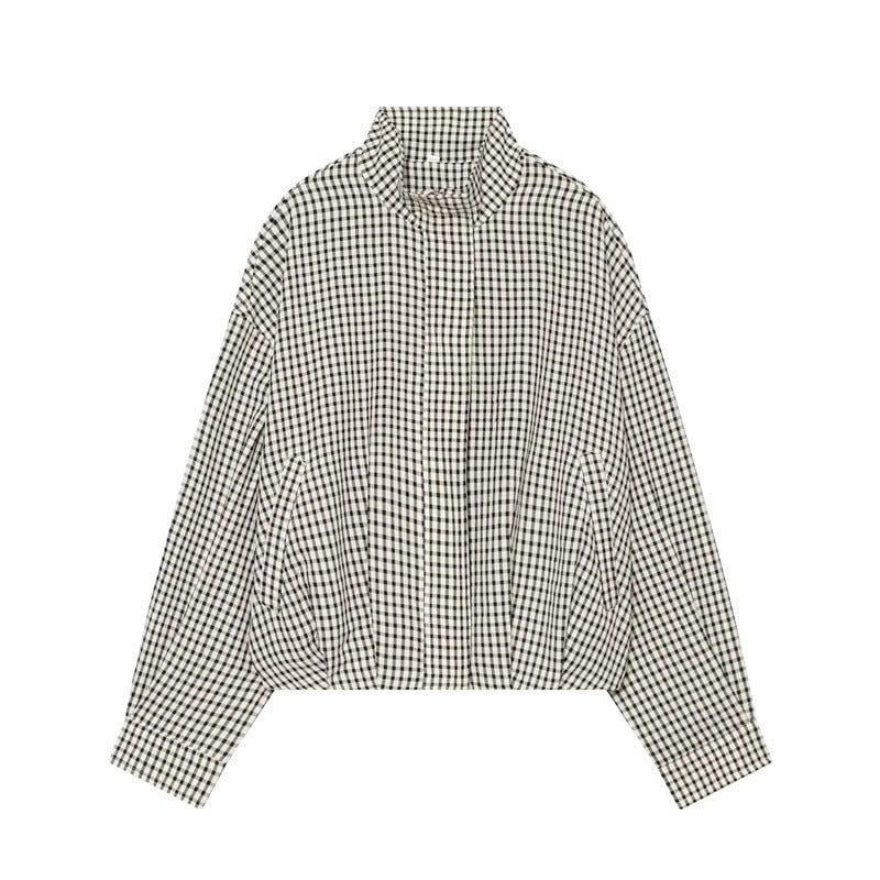 Women's short-cut boxy blouse in Vichy check with stand-up collar and elastic hem Mune Fashion