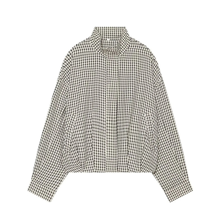 Women's short-cut boxy blouse in Vichy check with stand-up collar and elastic hem Mune Fashion