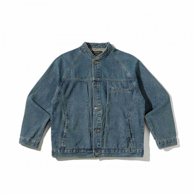 Unisex Boxige Denim Jacket in Worker Look with Stand Collar, Raglan Sleeves and Chest Welt Pocket Mune Fashion