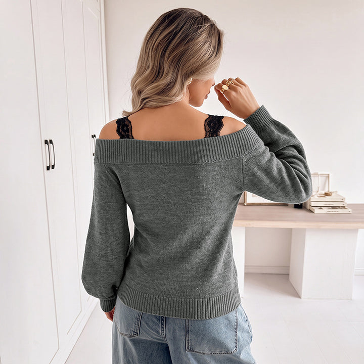 Women's Off-Shoulder Fine Knit Sweater with V-Ribbed Collar and Balloon Sleeves Mune Fashion