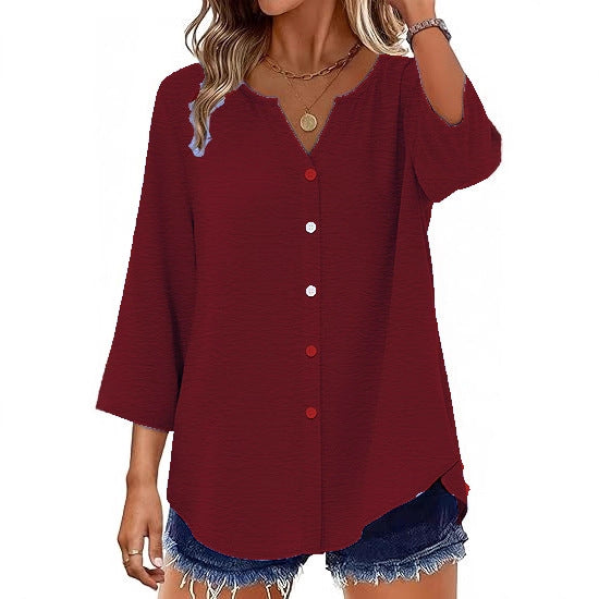 Ladies Light V-Neck Blouse Jacket with 3/4 Sleeves, Curved Hem and Continuous Button Placket Mune Fashion