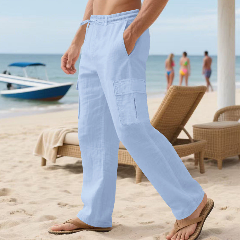 Men's loose cargo beach pants made of linen blend with elastic waistband and adjustable drawstring Mune Fashion