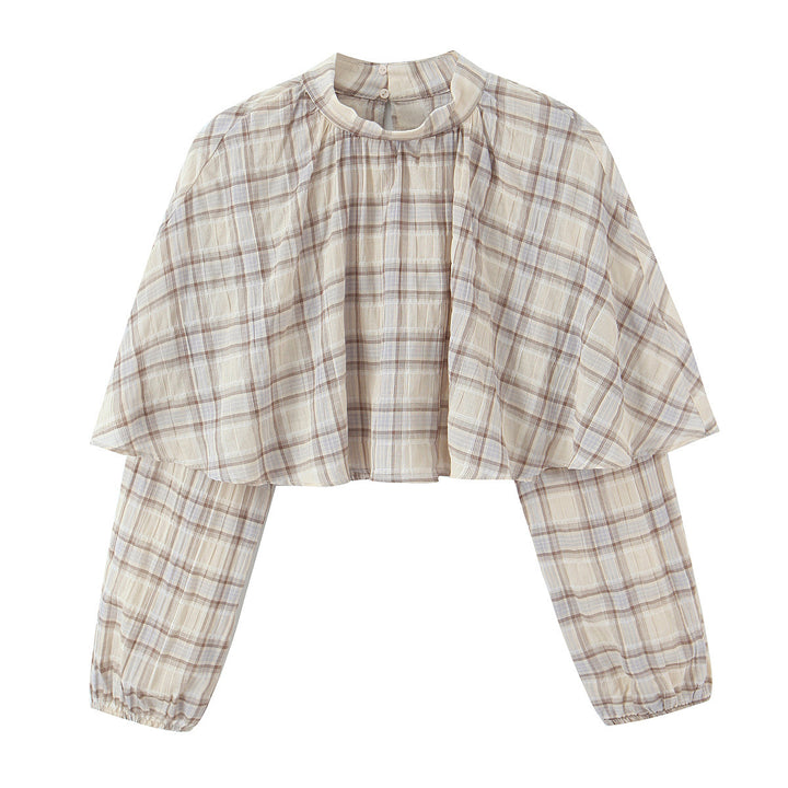 Women's Cropped Blouse Top with Cape Overlay and Stand-Up Collar Mune Fashion