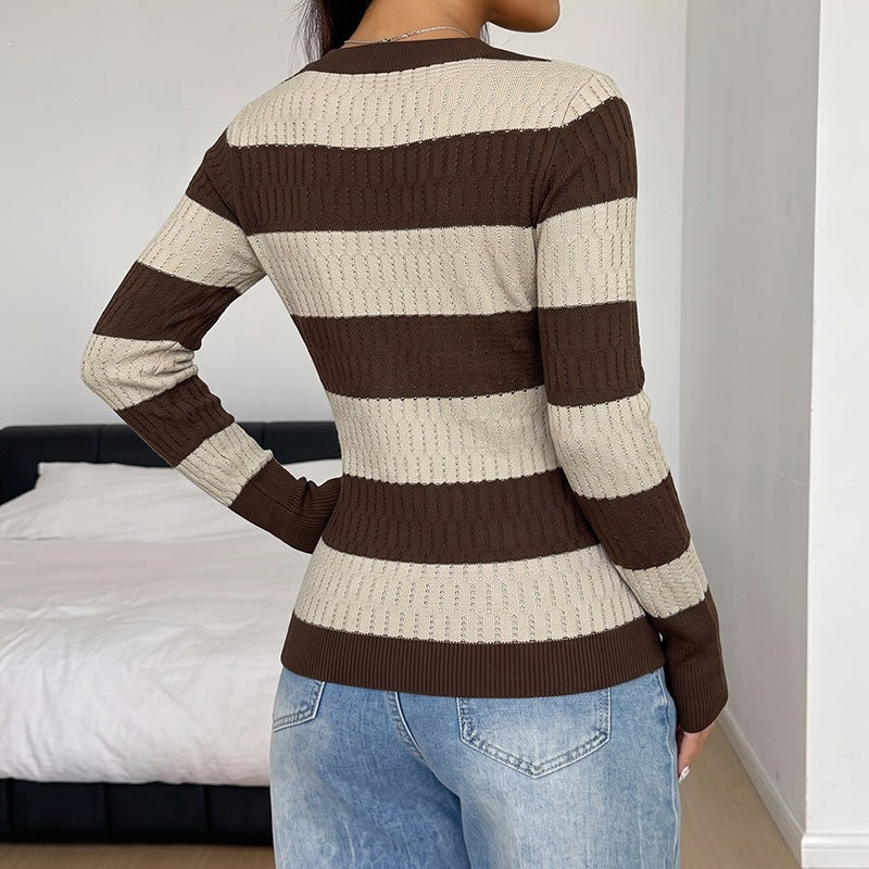 Ladies Fashionable V-Neck Sweater with Stripes Mune Fashion