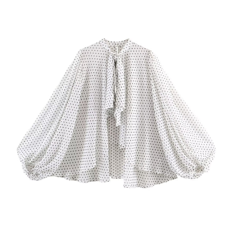 Ladies Wide Chiffon Blouse with Bow Collar and Voluminous Balloon Sleeves Mune Fashion