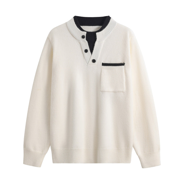 Men's fine knit Henley sweater with button placket, chest pocket & contrast collar Mune Fashion