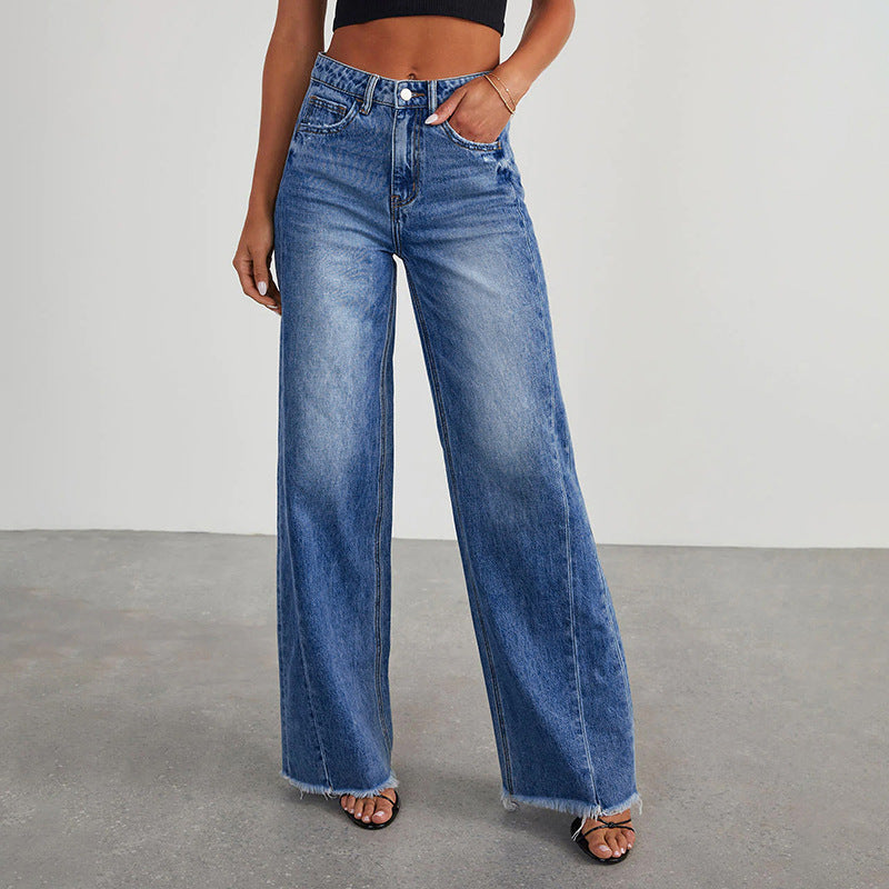 Women High-Waist Flared Jeans with Wide Leg and Frayed Hem Mune Fashion