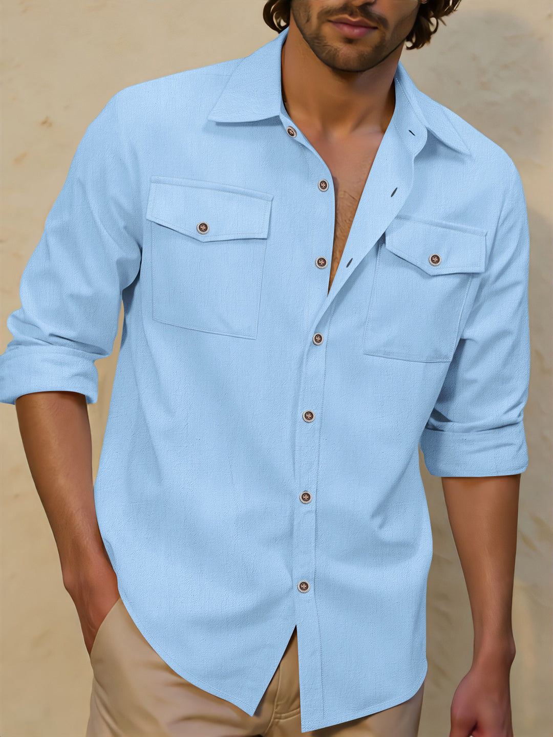 Men's casual shirt with chest pockets, Kent collar, and rolled-up sleeves Mune Fashion