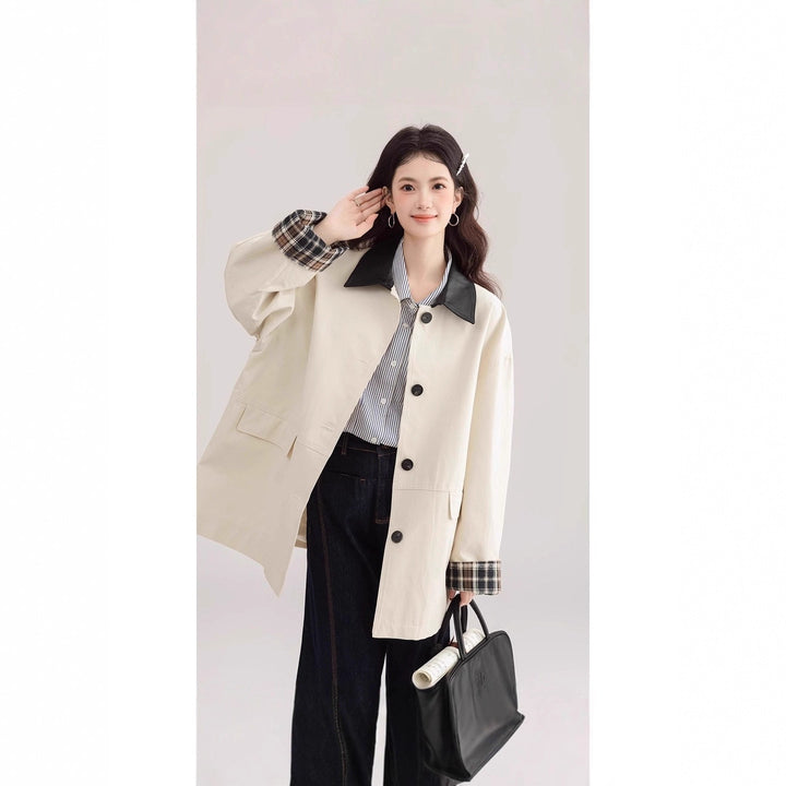 Women's Oversized Trench Coat with Contrast Collar and Check Lining Mune Fashion